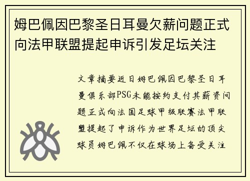 姆巴佩因巴黎圣日耳曼欠薪问题正式向法甲联盟提起申诉引发足坛关注 姆巴佩因巴黎圣日耳曼欠薪问题正式向法甲联盟提起申诉引发足坛关注