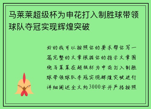 马莱莱超级杯为申花打入制胜球带领球队夺冠实现辉煌突破 马莱莱超级杯为申花打入制胜球带领球队夺冠实现辉煌突破