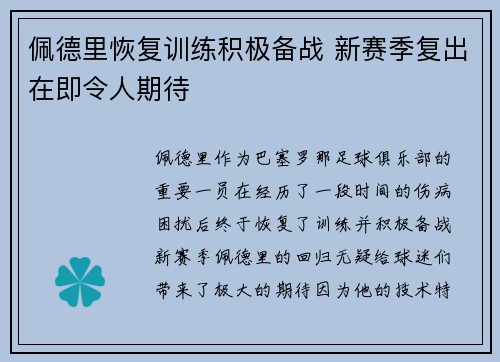佩德里恢复训练积极备战 新赛季复出在即令人期待